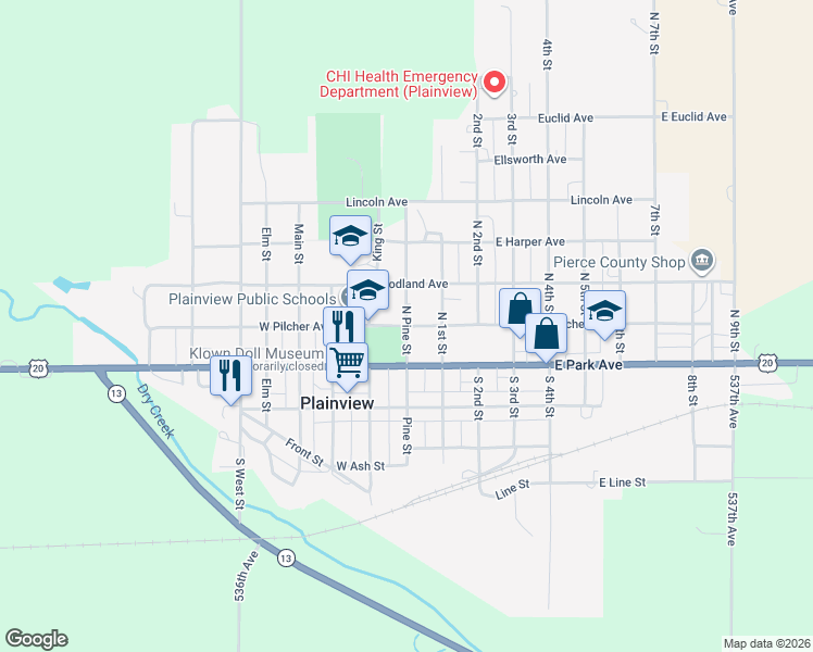 map of restaurants, bars, coffee shops, grocery stores, and more near 200 North Pine Street in Plainview