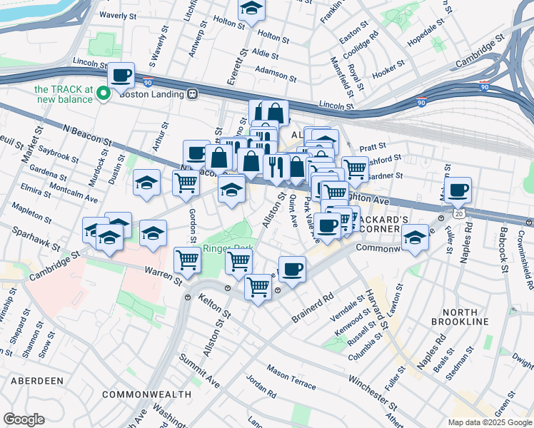 map of restaurants, bars, coffee shops, grocery stores, and more near 21-23 Higgins Street in Boston