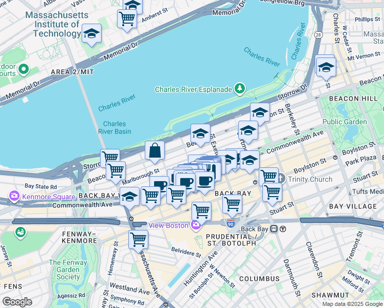 map of restaurants, bars, coffee shops, grocery stores, and more near 10 Fairfield Street in Boston