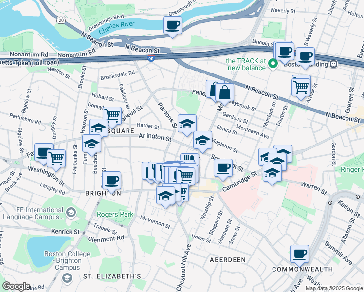 map of restaurants, bars, coffee shops, grocery stores, and more near 73 Parsons Street in Boston