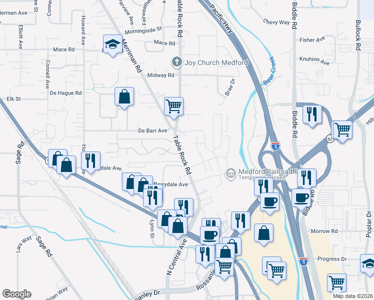 map of restaurants, bars, coffee shops, grocery stores, and more near 2336 Table Rock Road in Medford
