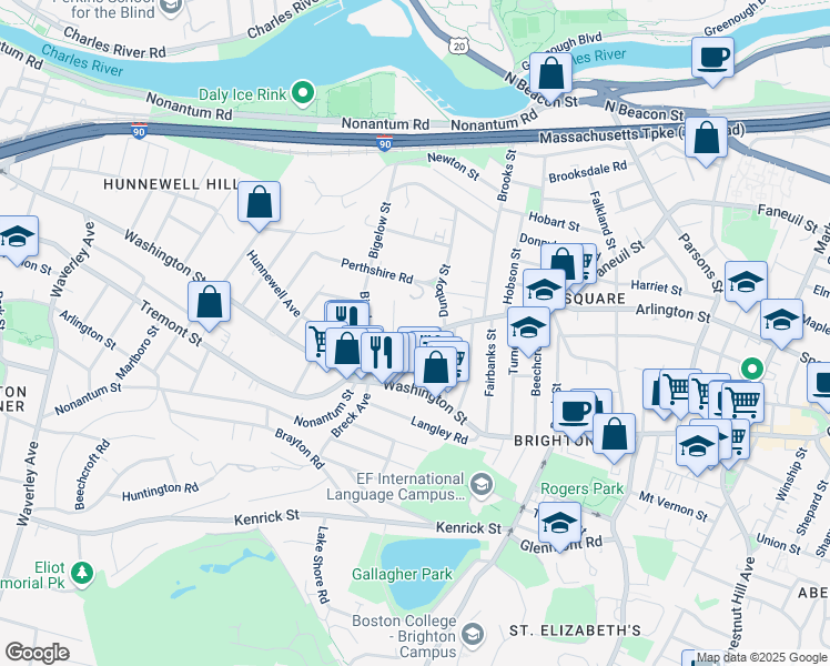 map of restaurants, bars, coffee shops, grocery stores, and more near 4-12 Perthshire Road in Boston
