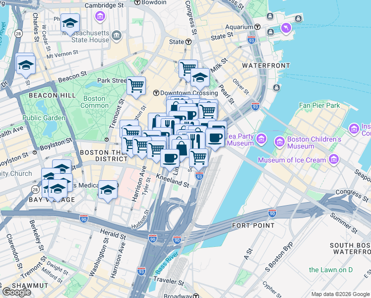 map of restaurants, bars, coffee shops, grocery stores, and more near 181 Essex Street in Boston