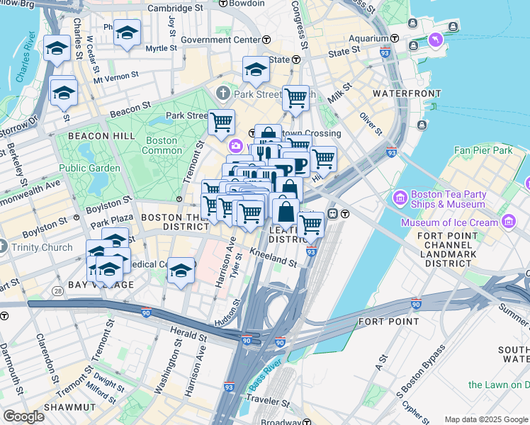 map of restaurants, bars, coffee shops, grocery stores, and more near 125 Kingston Street in Boston