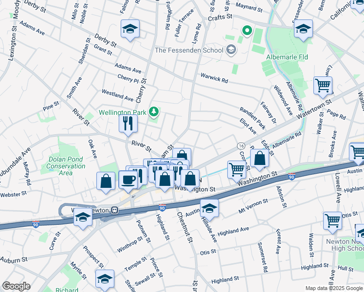 map of restaurants, bars, coffee shops, grocery stores, and more near 15 Davis Avenue in Newton