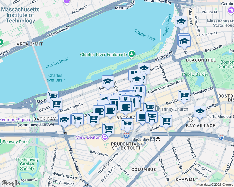 map of restaurants, bars, coffee shops, grocery stores, and more near 193 Marlborough Street in Boston