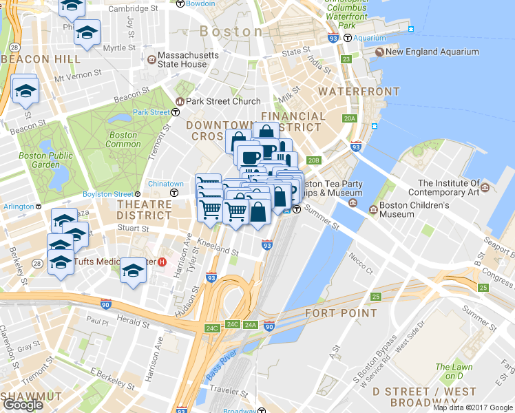 map of restaurants, bars, coffee shops, grocery stores, and more near in Boston