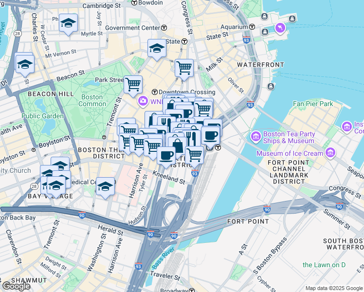 map of restaurants, bars, coffee shops, grocery stores, and more near 23 Lincoln Street in Boston