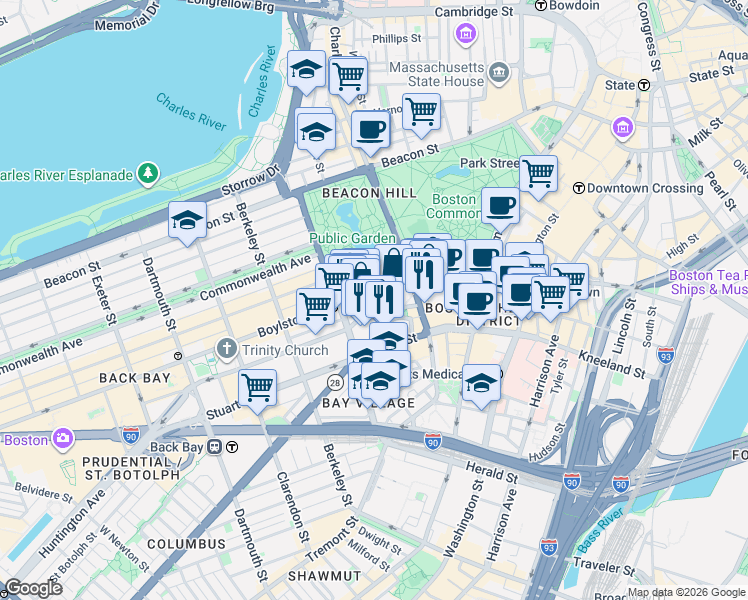 map of restaurants, bars, coffee shops, grocery stores, and more near 95 Boylston Street in Boston