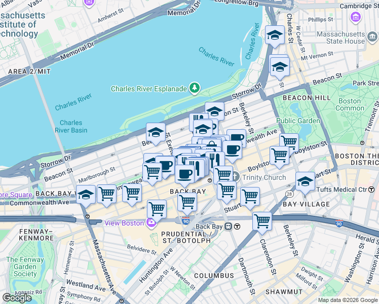 map of restaurants, bars, coffee shops, grocery stores, and more near 312 Dartmouth Street in Boston