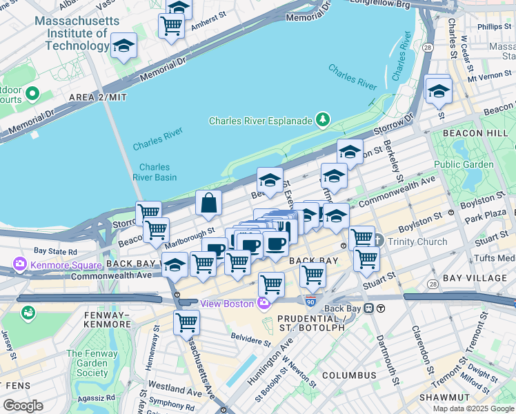 map of restaurants, bars, coffee shops, grocery stores, and more near 10 Fairfield Street in Boston