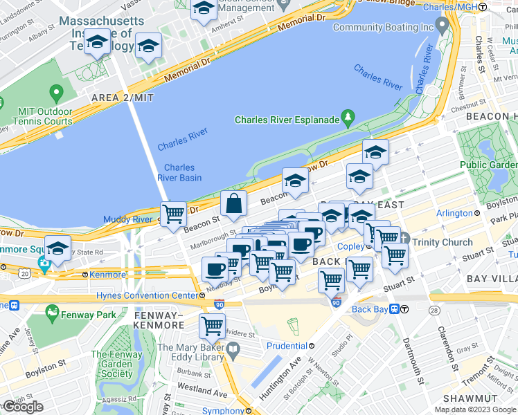 map of restaurants, bars, coffee shops, grocery stores, and more near 370 Beacon Street in Boston