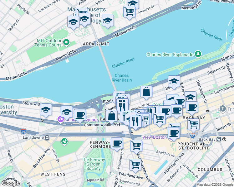 map of restaurants, bars, coffee shops, grocery stores, and more near Massachusetts Avenue Bridge in Boston