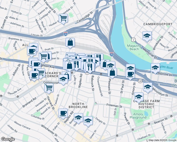 map of restaurants, bars, coffee shops, grocery stores, and more near 1047 Commonwealth Avenue in Boston