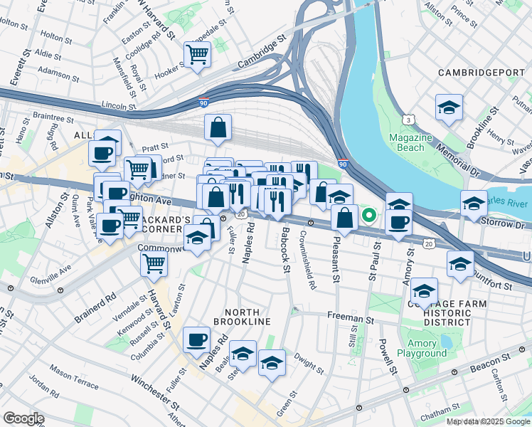 map of restaurants, bars, coffee shops, grocery stores, and more near 1047 Commonwealth Avenue in Boston