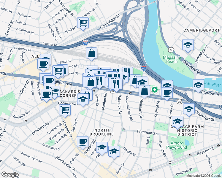 map of restaurants, bars, coffee shops, grocery stores, and more near 1047 Commonwealth Avenue in Boston