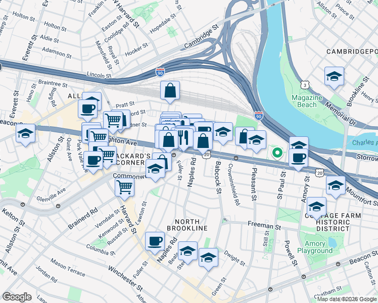 map of restaurants, bars, coffee shops, grocery stores, and more near 1083 Commonwealth Avenue in Boston