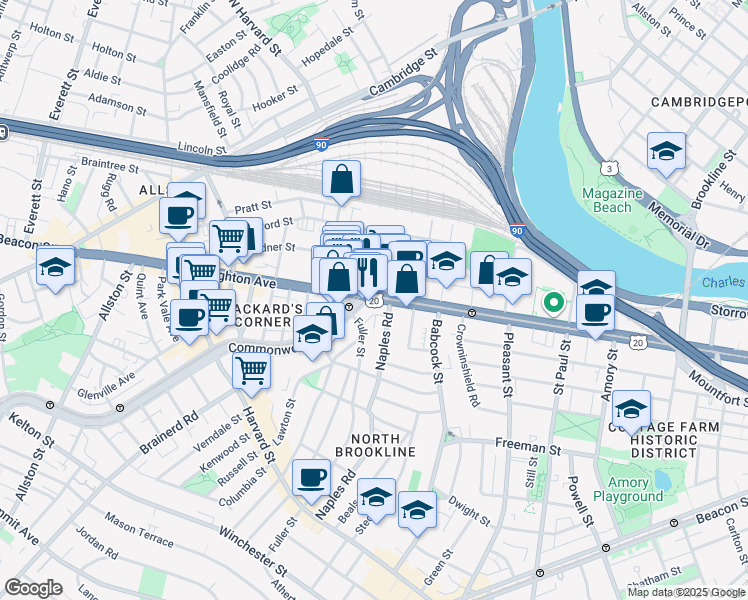 map of restaurants, bars, coffee shops, grocery stores, and more near 1083 Commonwealth Avenue in Boston
