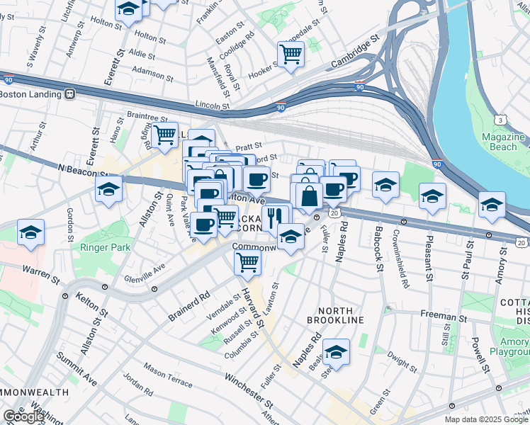 map of restaurants, bars, coffee shops, grocery stores, and more near 66 Brighton Avenue in Boston