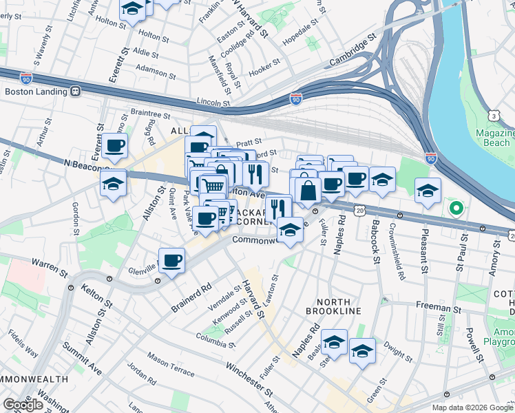 map of restaurants, bars, coffee shops, grocery stores, and more near 66 Brighton Avenue in Boston