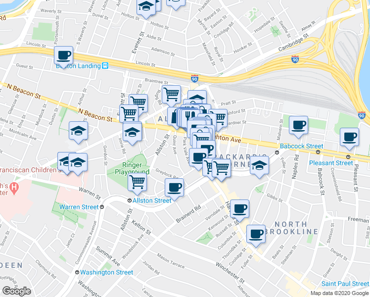 map of restaurants, bars, coffee shops, grocery stores, and more near 47 Park Vale Avenue in Boston