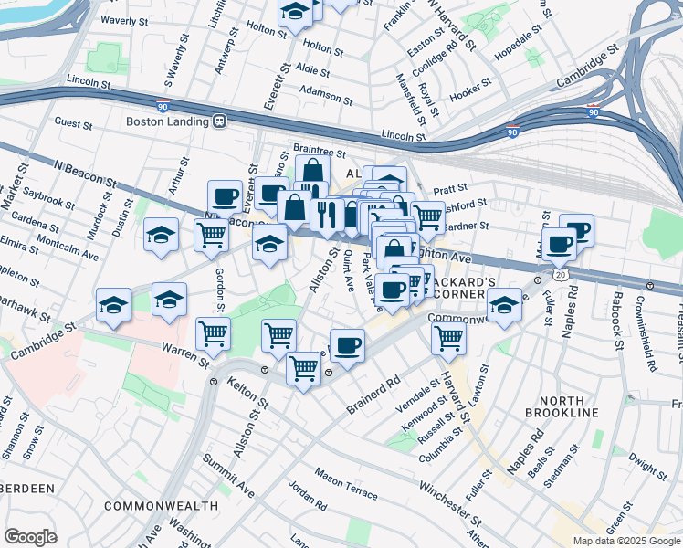map of restaurants, bars, coffee shops, grocery stores, and more near 21 Quint Avenue in Boston