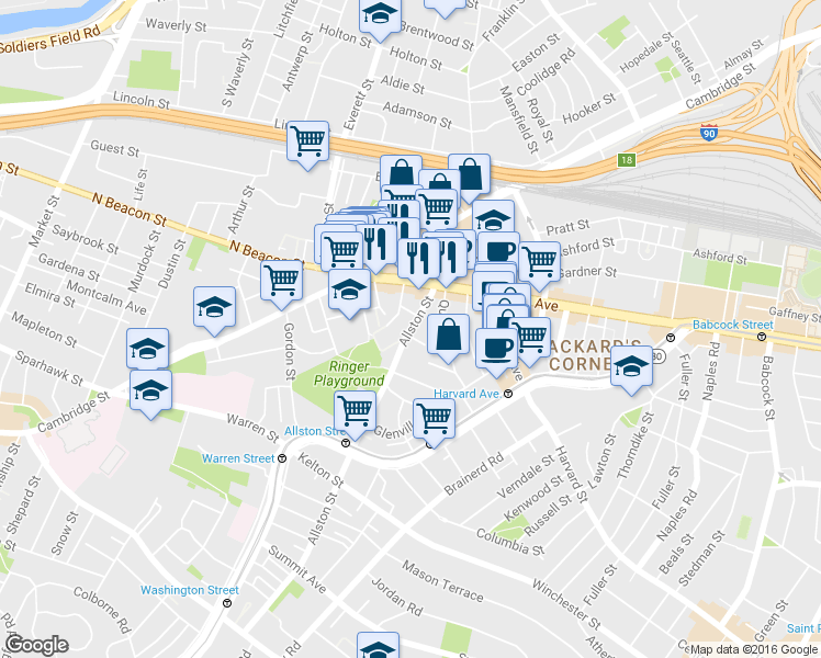 map of restaurants, bars, coffee shops, grocery stores, and more near 21-23 Higgins Street in Boston