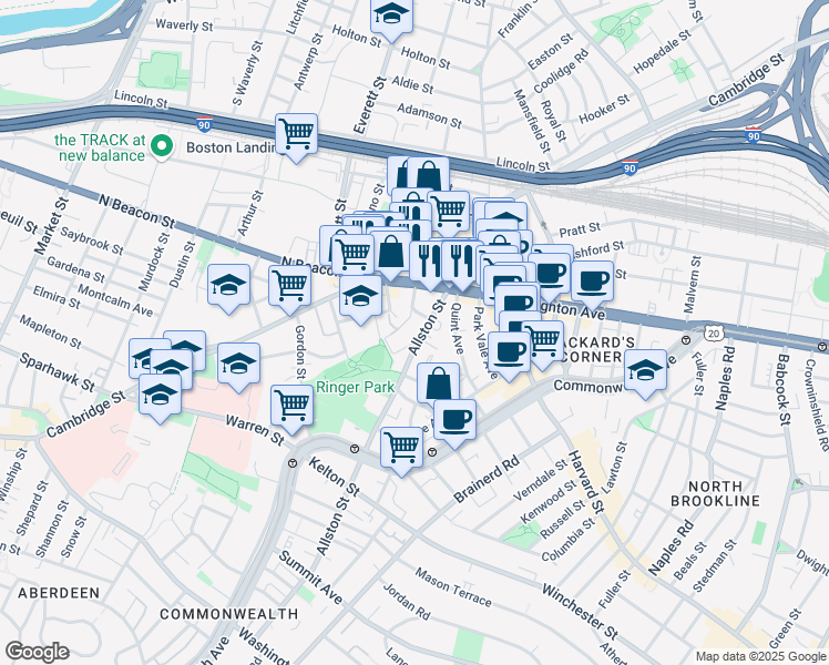 map of restaurants, bars, coffee shops, grocery stores, and more near 21-23 Higgins Street in Boston