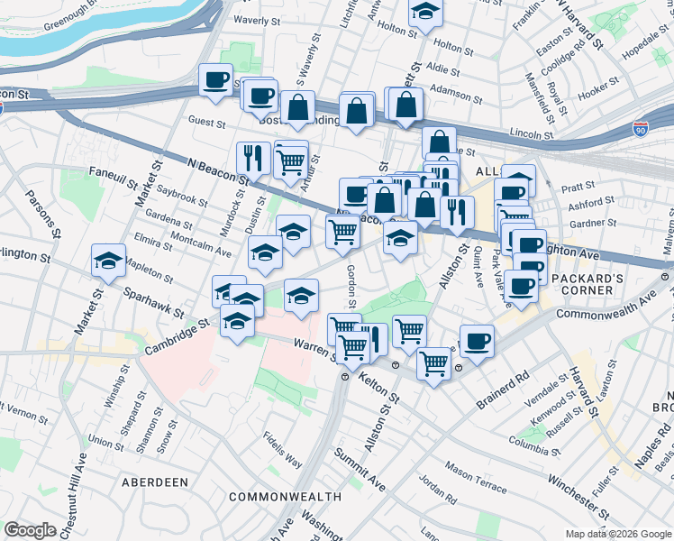 map of restaurants, bars, coffee shops, grocery stores, and more near in Boston