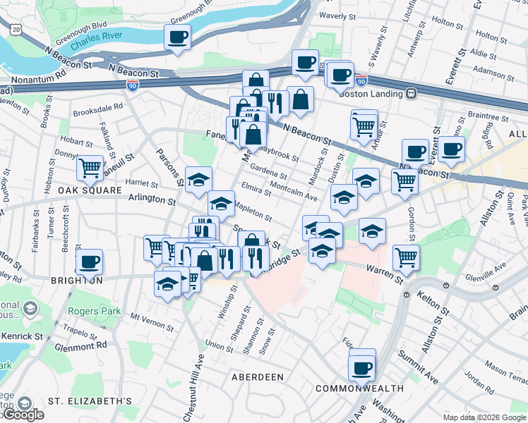 map of restaurants, bars, coffee shops, grocery stores, and more near 90 Glencoe Street in Boston