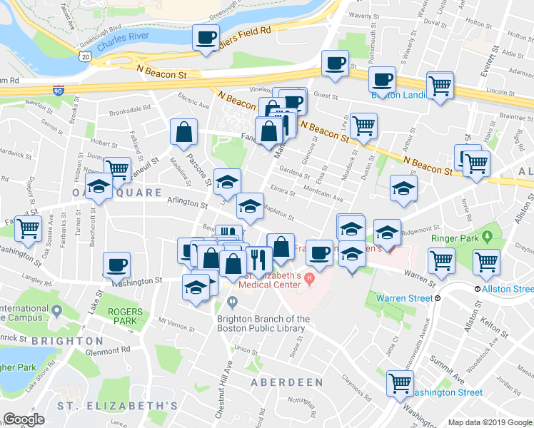 map of restaurants, bars, coffee shops, grocery stores, and more near in Boston