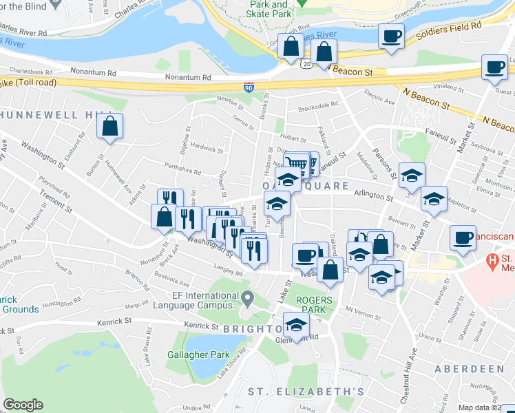 map of restaurants, bars, coffee shops, grocery stores, and more near in Boston