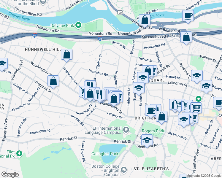 map of restaurants, bars, coffee shops, grocery stores, and more near 4-12 Perthshire Road in Boston