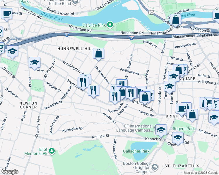 map of restaurants, bars, coffee shops, grocery stores, and more near 14 Atkins Street in Boston