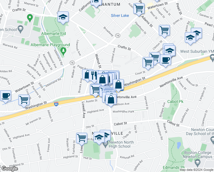 map of restaurants, bars, coffee shops, grocery stores, and more near 227 Walnut Street in Newton