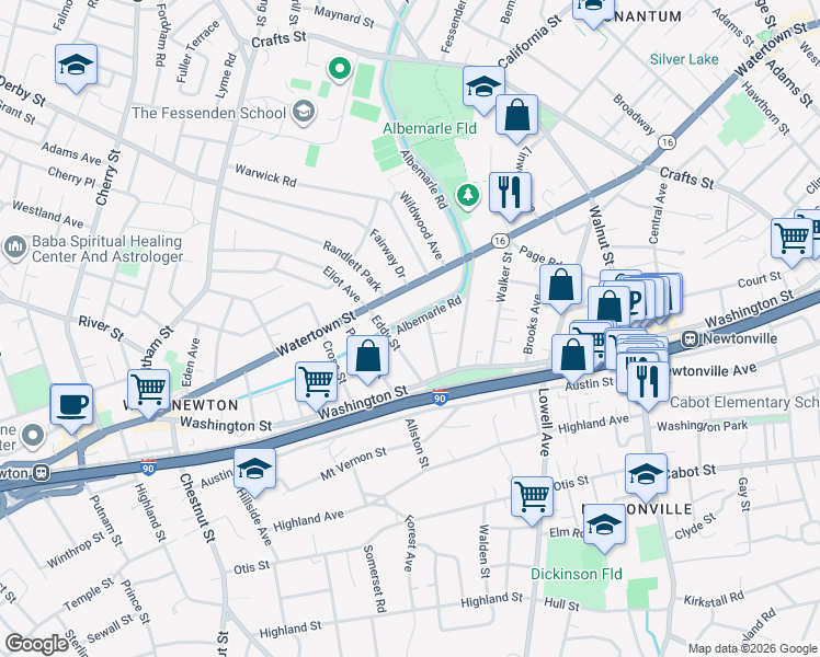 map of restaurants, bars, coffee shops, grocery stores, and more near in Newton