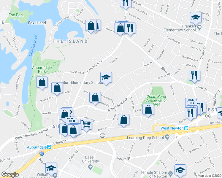 map of restaurants, bars, coffee shops, grocery stores, and more near 148 Pine Street in Newton