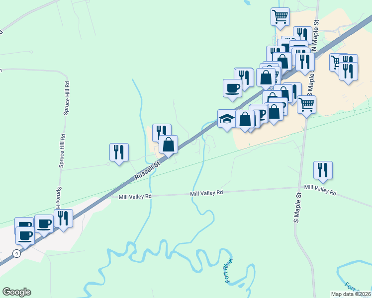 map of restaurants, bars, coffee shops, grocery stores, and more near 299 Russell St in Hadley