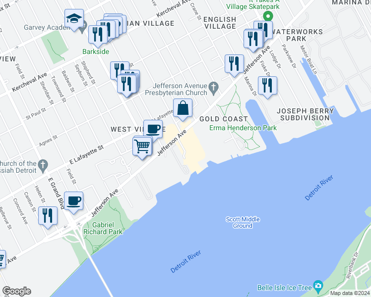 map of restaurants, bars, coffee shops, grocery stores, and more near 8250 East Jefferson Avenue in Detroit