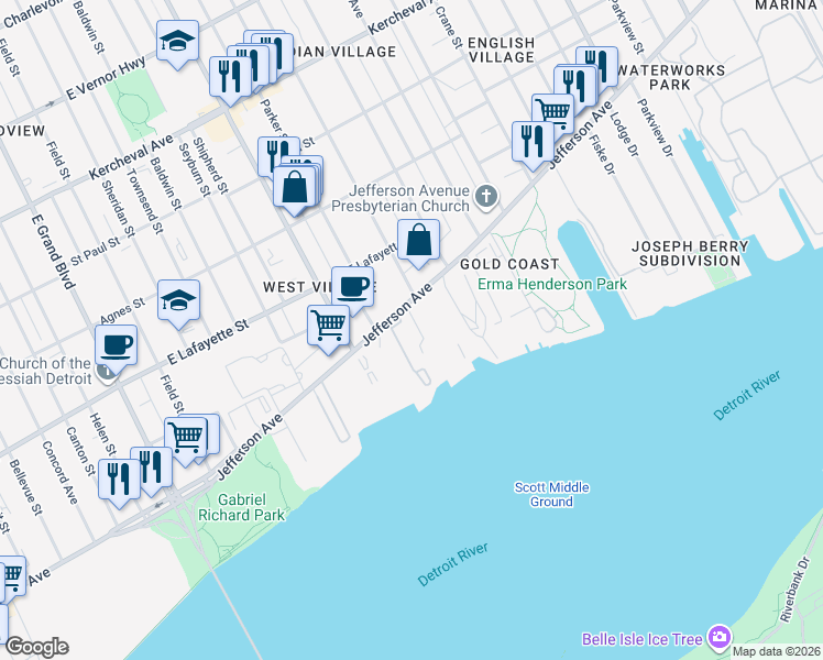 map of restaurants, bars, coffee shops, grocery stores, and more near 8250 East Jefferson Avenue in Detroit