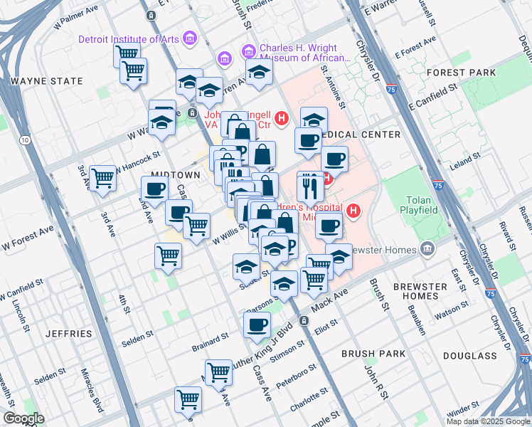 map of restaurants, bars, coffee shops, grocery stores, and more near 83 East Willis Street in Detroit