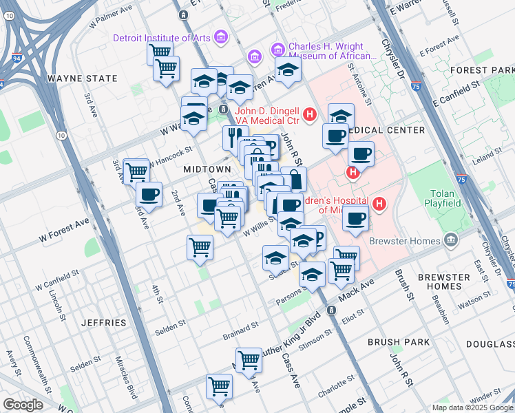 map of restaurants, bars, coffee shops, grocery stores, and more near 60 West Canfield Street in Detroit