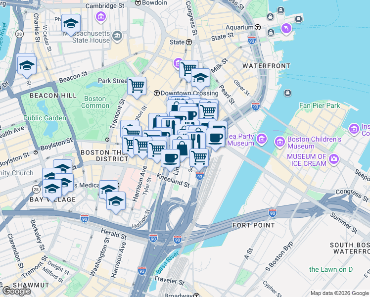map of restaurants, bars, coffee shops, grocery stores, and more near 23 Lincoln Street in Boston