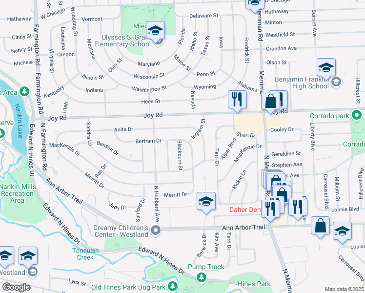 map of restaurants, bars, coffee shops, grocery stores, and more near 8584 Blackburn Street in Westland