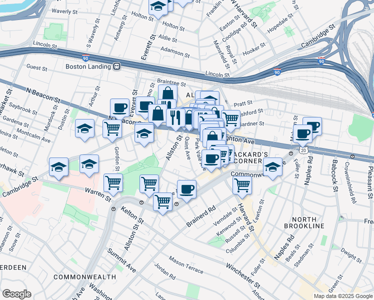 map of restaurants, bars, coffee shops, grocery stores, and more near 21 Quint Avenue in Boston