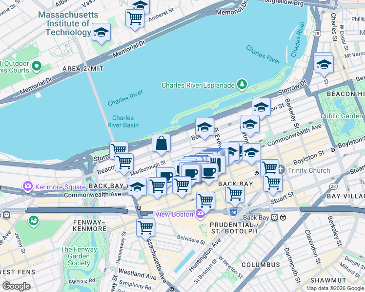 map of restaurants, bars, coffee shops, grocery stores, and more near 10 Fairfield Street in Boston