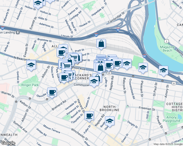 map of restaurants, bars, coffee shops, grocery stores, and more near 39 Brighton Avenue in Boston