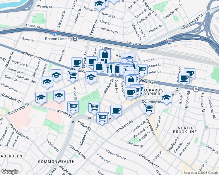 map of restaurants, bars, coffee shops, grocery stores, and more near 21 Quint Avenue in Boston