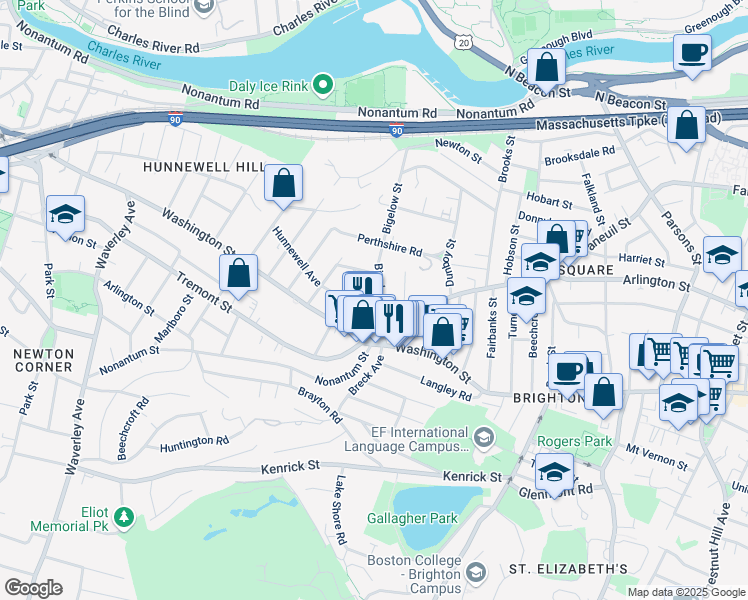 map of restaurants, bars, coffee shops, grocery stores, and more near 25 Bigelow Street in Boston