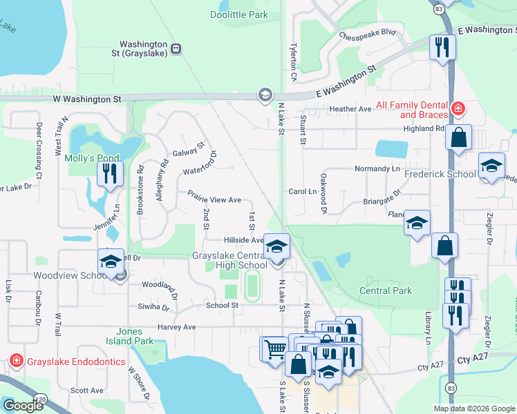 map of restaurants, bars, coffee shops, grocery stores, and more near 92 Prairie View Avenue in Grayslake